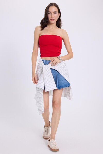 Tudors Kadın Slim Fit Dar Kesim Pamuklu Straplez Kırmızı Bluz