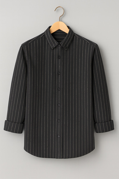 mavisima erkek giyimi Erkek Siyah İnce Çizgili Oduncu Tarzı Gömlek – Rahat Kalıp Yeni Sezon Şık Kombin Trend