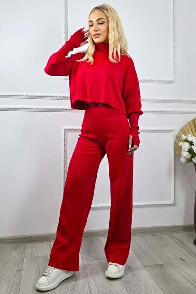 FashionForYou COMFY wool knit set, oversized cuffed blouse and pants, Red, Size S/M/L