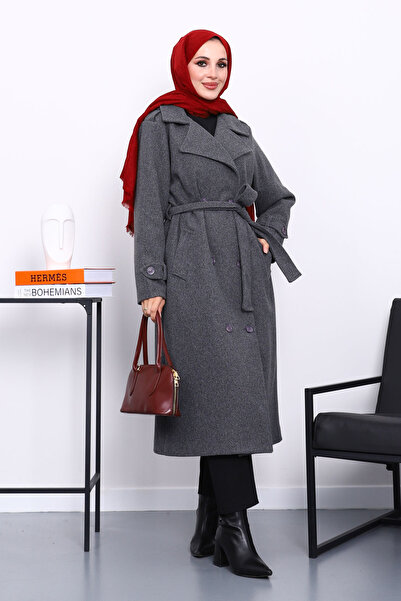 İmajButik Smoked Double-Breasted Collar Belted Cashmere Coat