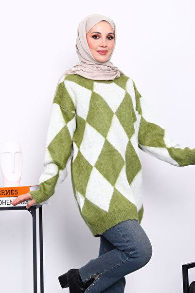 İmajButik Green Diamond Patterned Knitwear Sweater