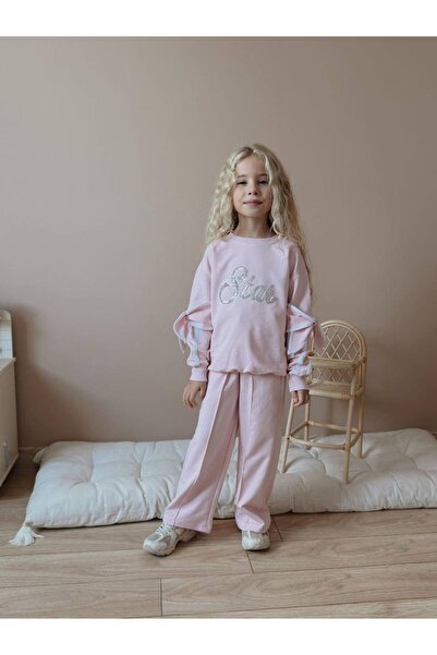 YİGİT BUTİK Pul Payet İşlemeli Fiyonk Kollu Kız Çocuk Alt Üst Takım