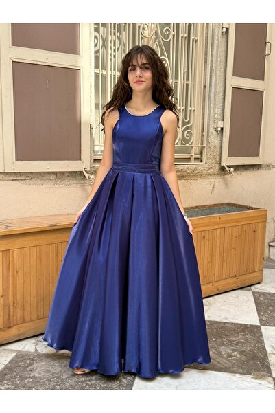 BUTİKHAPPYKİDS Kız Çocuk Abiye Saks Mavi Parlak Saten Uzun Sırt Fiyonklu Abiy...