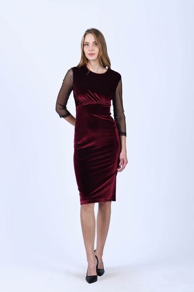 la luce Bordo Tül Kol Detaylı Kadife Elbise - QE195