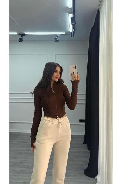 Daves Brown Front Zippered Flexible Mock Neck Cardigan