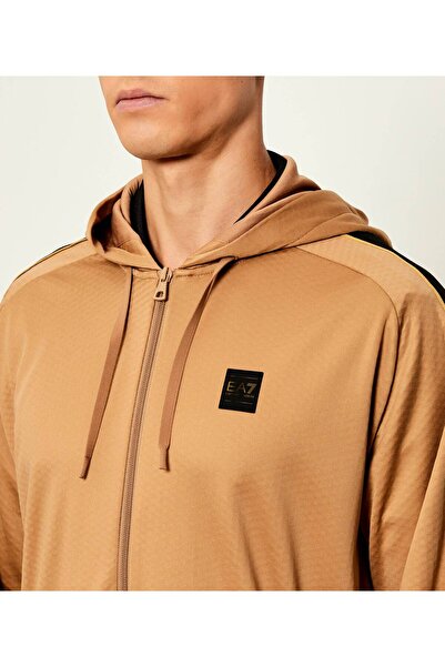 EA7 Men's Hooded Collar Zippered Long Sleeve Solid Beige Sweatshirt Top 7m000621 Af17089-U6171