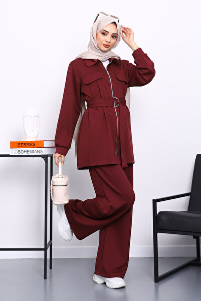 İmajButik Burgundy Pocketed Waist Belted Modal Suit