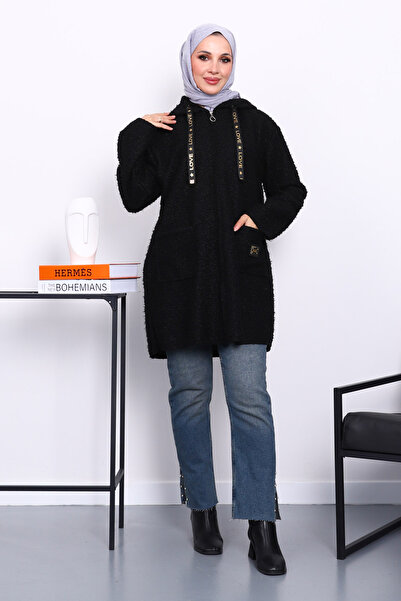 İmajButik Black Hooded Pocket Boucle Coat