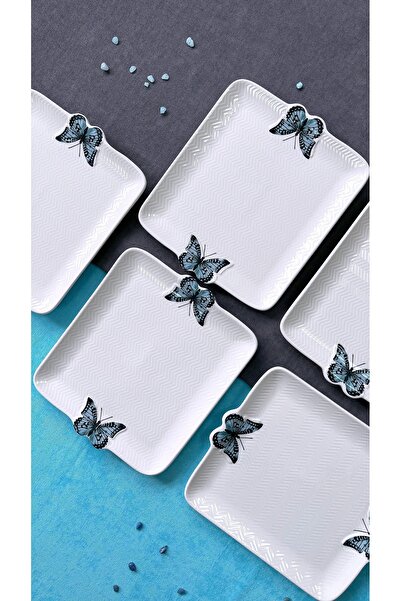 Erbaşlar Lüx Rölyefli Kelebek 6 Parça Kare Pasta Tabağı Seti , PASTA TABAĞI ( 21x18 CM)