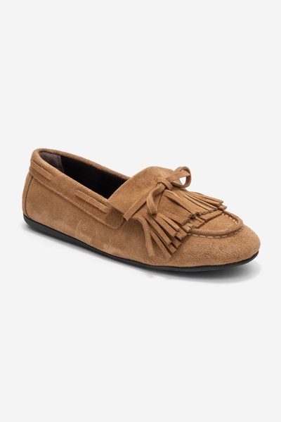 LuviShoes AXELI Earth Suede Дамски мокасини от естествена кожа с панделка и ресни