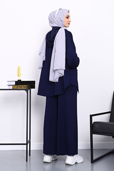 İmajButik Navy Blue Short Front Long Back Tunic Trouser Suit