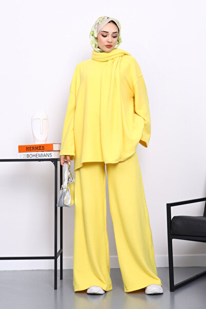 İmajButik Corded Fabric Sets with Yellow Scarf Tunic and Trousers