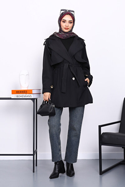 İmajButik Μαύρη καμπαρντίνα με διπλό γιακά με επένδυση