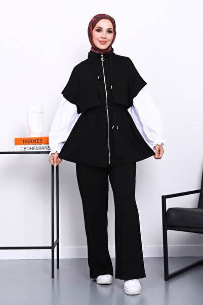 İmajButik Black Zippered Vest and Pants Modal Set