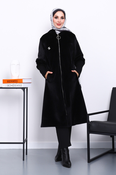 İmajButik Black Hooded Angora Coat