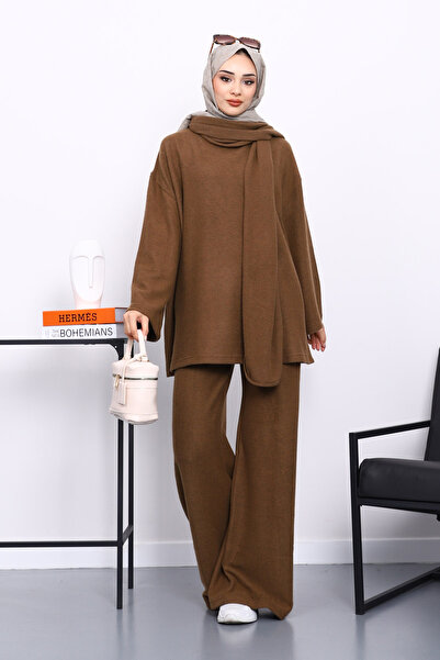 İmajButik Corded Fabric Sets with Brown Scarf Tunic and Trousers