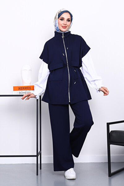 İmajButik Navy Blue Zippered Vest and Pants Modal Set