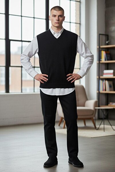 GÖMLEK GALERİSİ Men's Regular Fit Plain V-Neck Sweater Wool Knitwear Pullover