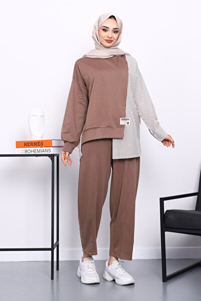 İmajButik Mink Paneled Tunic Striped Suit with Trousers