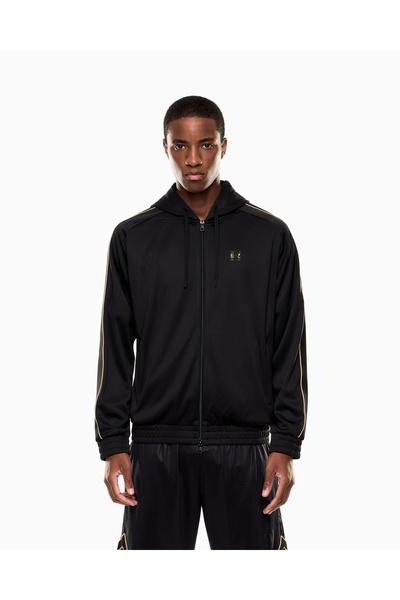 EA7 Men's Hooded Collar Zippered Long Sleeve Solid Black Tracksuit Top 7m000621 Af17089-Uc001