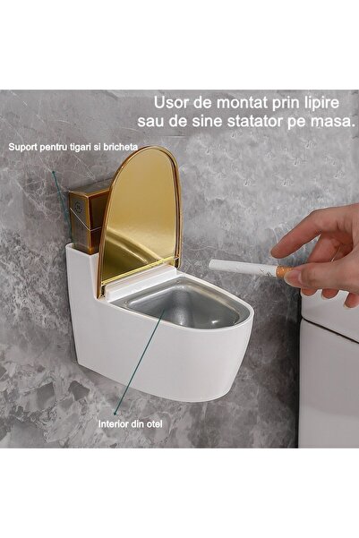 Flippy Flippy Creative Ashtray, Toilet Shape, Gold Lid, 12.5 x 9.8 x 8.4 cm, Gold