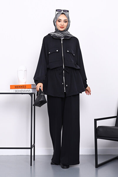 İmajButik طقم مودال أسود بسحاب مع بنطلون تونيك