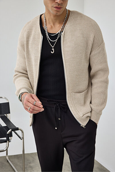 MADZEYMODA Premium Men's Zippered Stone Beige Knitwear Cardigan Ls-62003