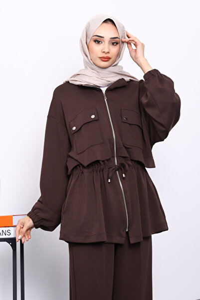 İmajButik Brown Zippered Tunic and Pants Modal Set