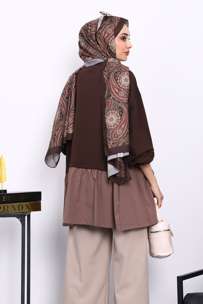 İmajButik Brown Ruched Detail Paneled Tunic