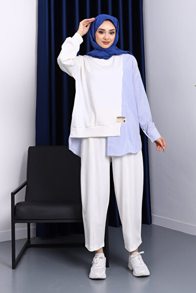 İmajButik طقم مخطط من إكرو بقطع قماش مخيطة معاً مع بنطلون تونيك