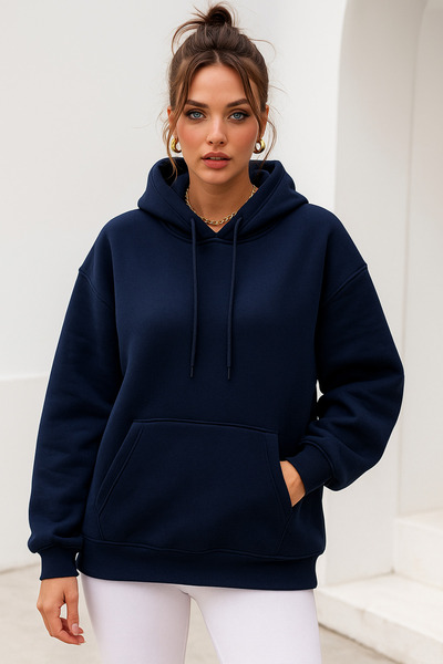 Rich Women's Navy Blue Kangaroo Pocket Hooded Scuba Sweatshirt