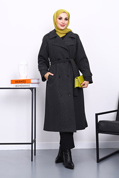İmajButik Anthracite Double-Breasted Collar Belted Cashmere Coat