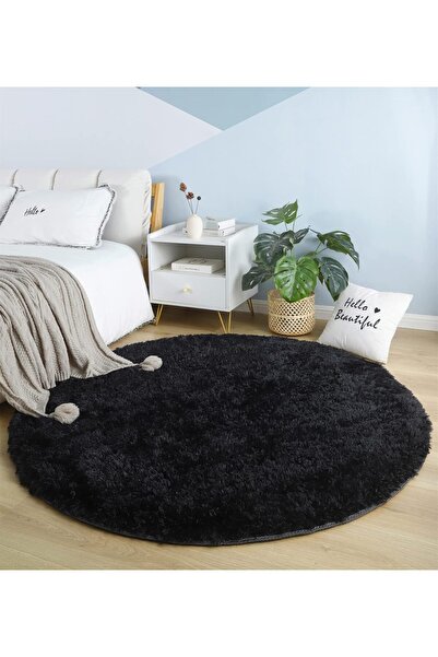 fluffy High Pile Round Rug (Black, 120 x 120 cm)