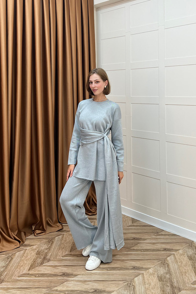 Stilife Yakamoz Шаль Деталь Блискучий трикотажний комплект Сірий