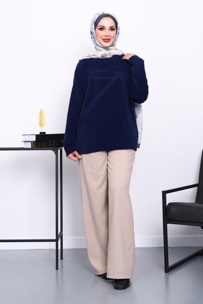 İmajButik Navy Blue Crew Neck Patterned Angora Soft Knit Sweater