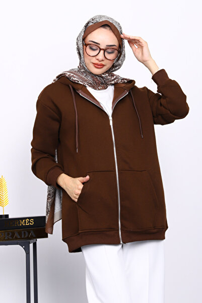 İmajButik Καφέ Ζακέτα με φερμουάρ και τρεις κλωστές επένδυση fleece