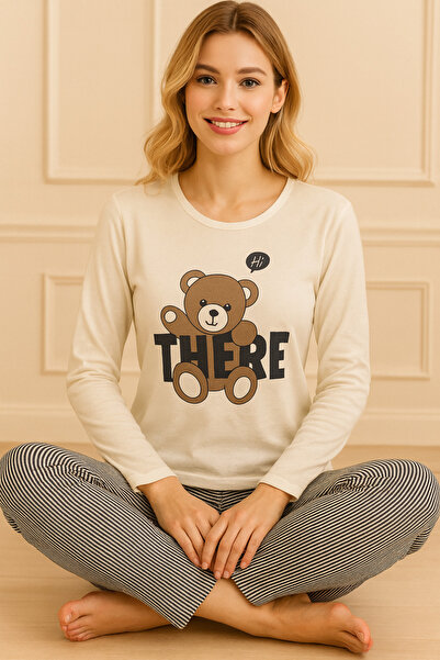 Niket Life Women's Teddy Bear Printed and Six Patterned Crew Neck Long Sleeve Six Long Combed Cotton Pajama Set with Slogan