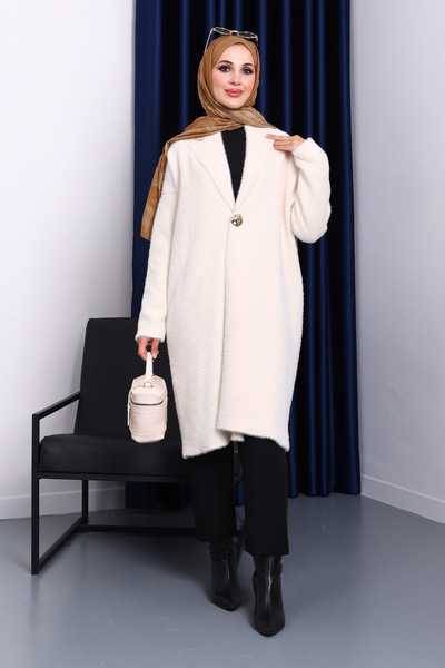 İmajButik Cream Single Button Angora Soft Knit Cardigan