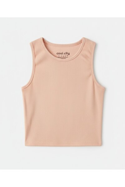 bumerangspor Women's Ribbed Knit Fabric Strap Crop Powder