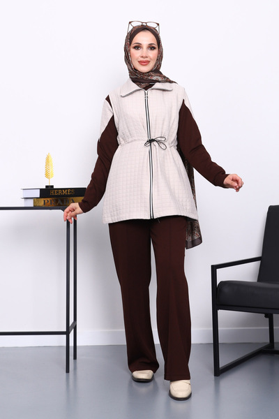 İmajButik Brown Quilted Vest Set Tunic Trouser Suit
