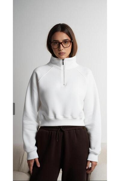 MİLANRA Hanorac crop cu jumătate de fermoar Dikyaka pentru femei, cu detaliu cu mâneci raglan tricou