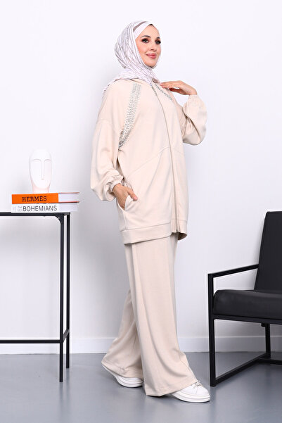 İmajButik Beige Double Pocket Stone Embroidered Modal Suit
