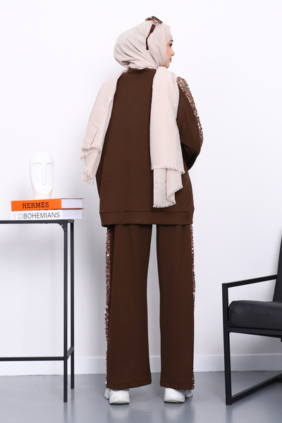 İmajButik Brown Sequined Tunic Trouser Suit
