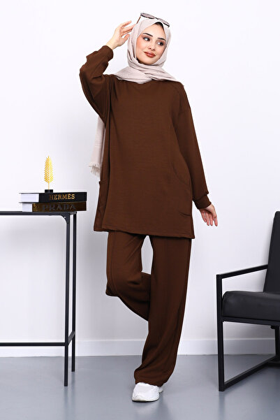 İmajButik Brown Side Pocket Shoulder Piece Bottom piped Modal Set