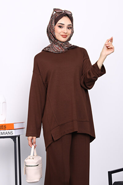 İmajButik Καφέ Μοντέλο Σετ Παντελόνι με Λεπτομέρεια στο Μπροστινό μέρος