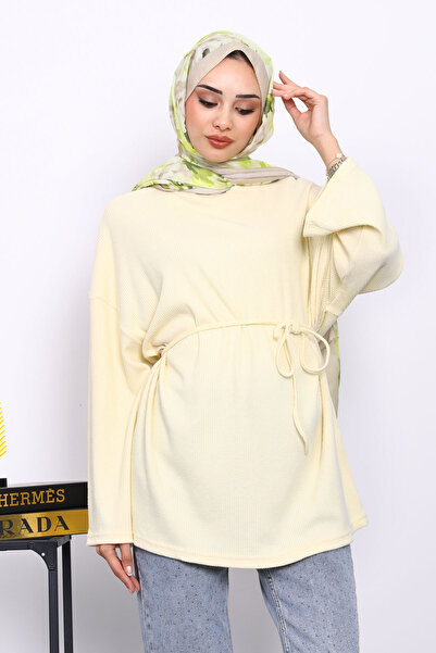İmajButik Yellow Crew Neck Waist Belted Tunic