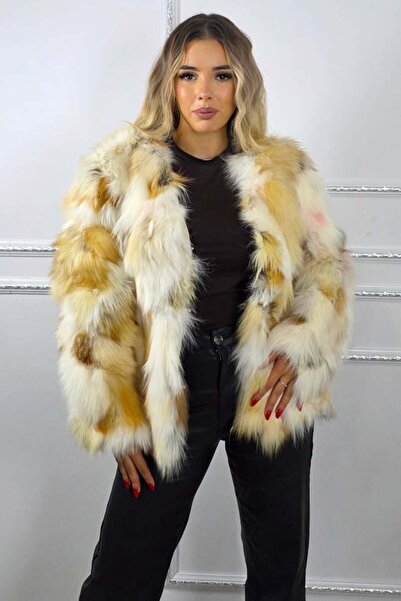 FashionForYou Haină din blană de vulpe FELYNA, cu buzunare laterale, Crem/BEJ...