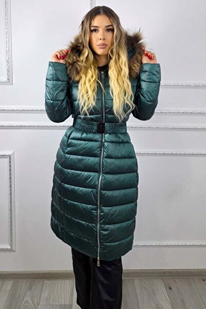 FashionForYou HYRA quilted jacket and belt, with removable fur hood, Green
