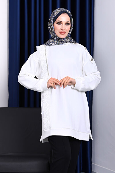 İmajButik تونيك مطرز بالتول من إكرو ياقة مرتفعة متوسطة الطول