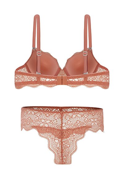 Wonna Anna 2735 Lace Low-Cut Padded Push-Up Bra and Panty Set - Dusty Rose